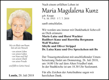 Traueranzeige von Maria Magdalena Kunz von Fränkische Nachrichten