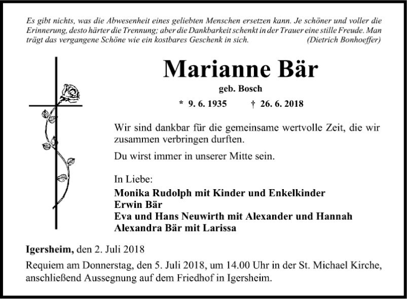  Traueranzeige für Marianne Bär vom 02.07.2018 aus Fränkische Nachrichten