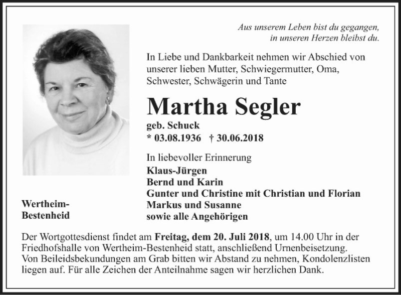  Traueranzeige für Martha Segler vom 14.07.2018 aus Fränkische Nachrichten