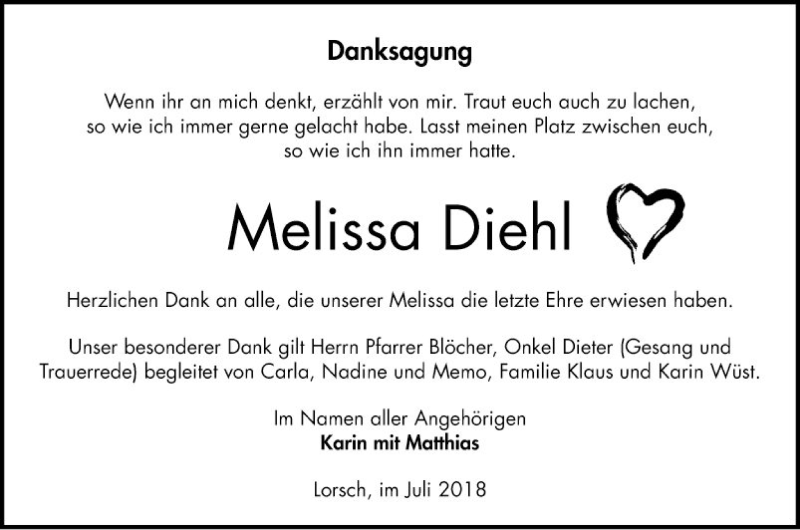  Traueranzeige für Melissa Diehl vom 14.07.2018 aus Bergsträßer Anzeiger