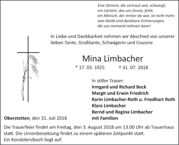 Traueranzeige von Mina Limbacher von Fränkische Nachrichten