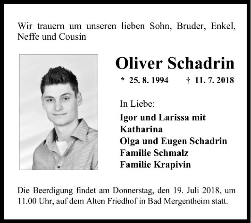  Traueranzeige für Oliver Schadrin vom 18.07.2018 aus Fränkische Nachrichten