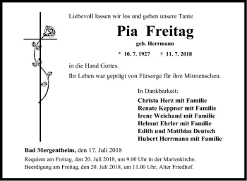 Traueranzeige von Pia Freitag von Fränkische Nachrichten