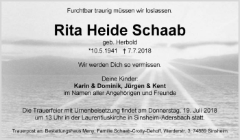 Traueranzeige von Rita Heide Schaab von Schwetzinger Zeitung
