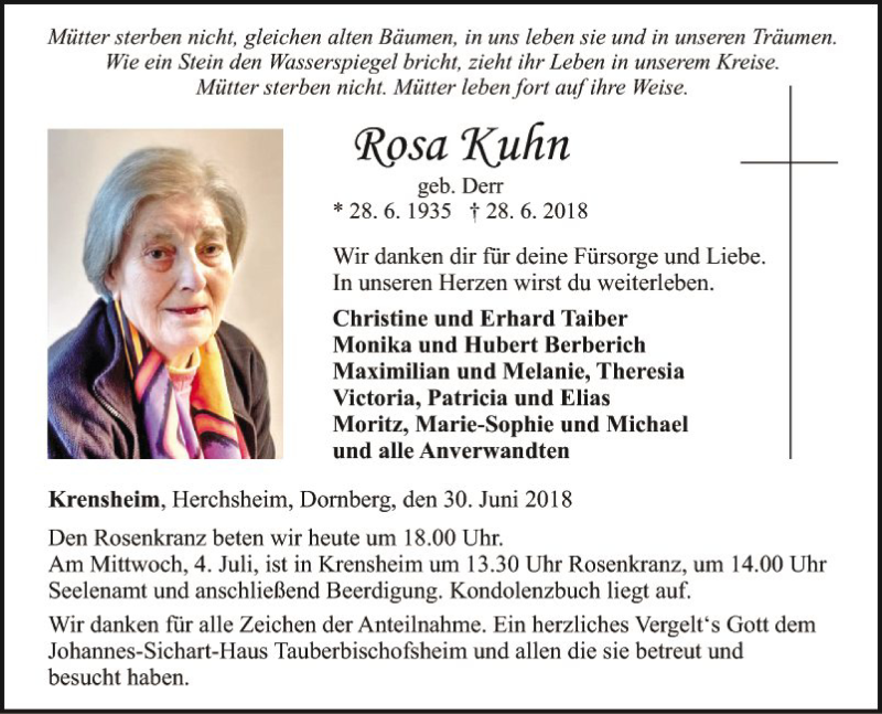  Traueranzeige für Rosa Kuhn vom 30.06.2018 aus Fränkische Nachrichten