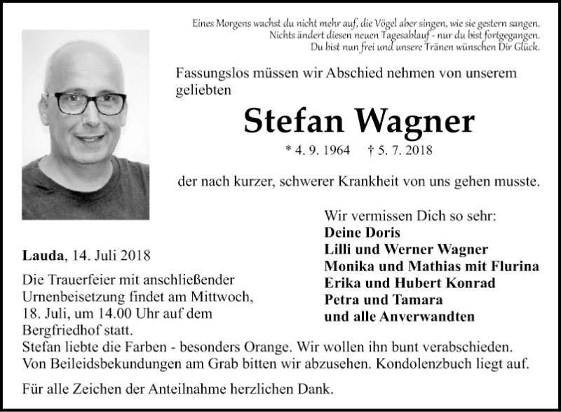  Traueranzeige für Stefan Wagner vom 14.07.2018 aus Fränkische Nachrichten