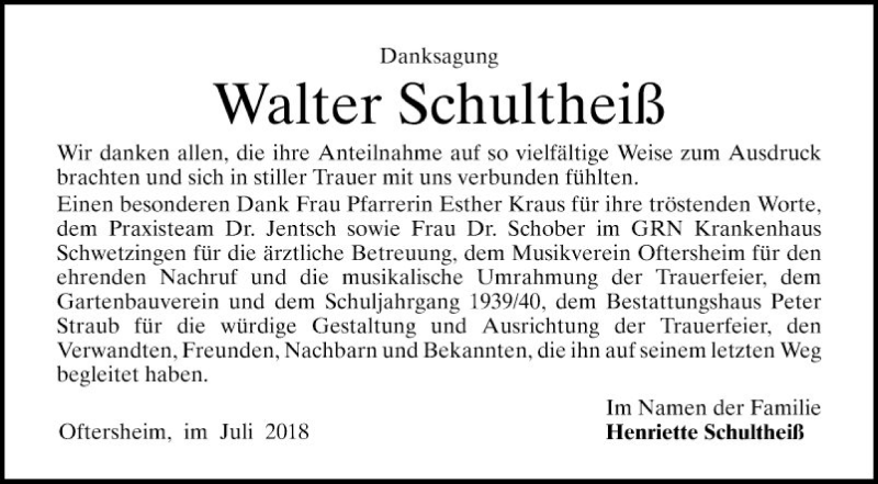  Traueranzeige für Walter Schultheiß vom 14.07.2018 aus Schwetzinger Zeitung
