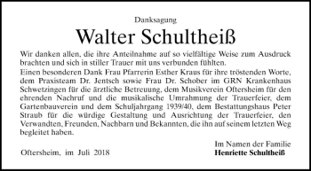 Traueranzeige von Walter Schultheiß von Schwetzinger Zeitung