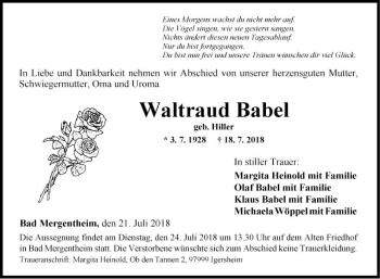 Traueranzeige von Waltraud Babel von Fränkische Nachrichten