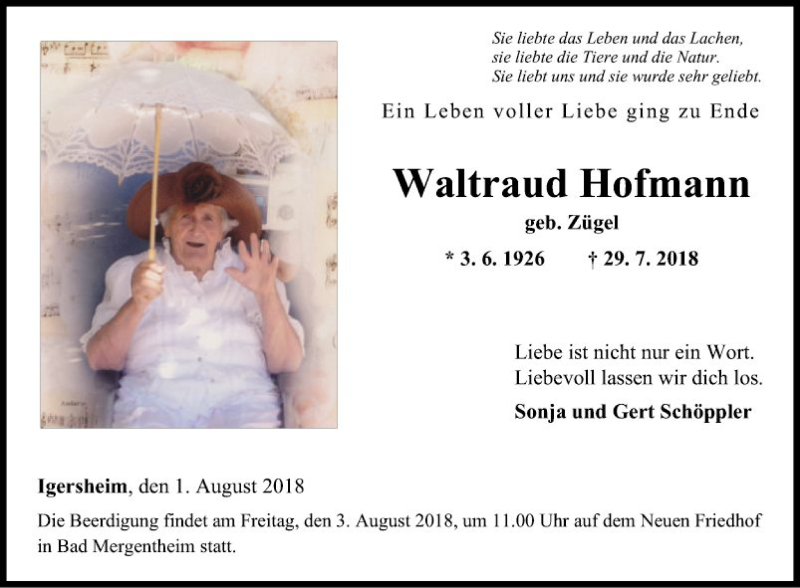  Traueranzeige für Waltraud Hofmann vom 01.08.2018 aus Fränkische Nachrichten
