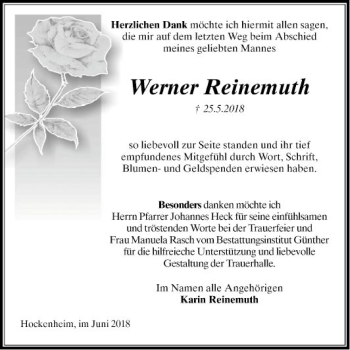 Traueranzeige von Werner Reinemuth von Schwetzinger Zeitung