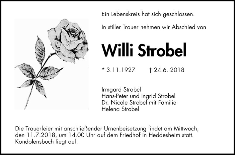  Traueranzeige für Willi Strobel vom 30.06.2018 aus Mannheimer Morgen