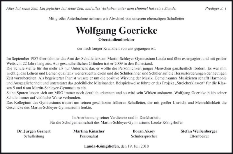  Traueranzeige für Wolfgang Goericke vom 19.07.2018 aus Fränkische Nachrichten