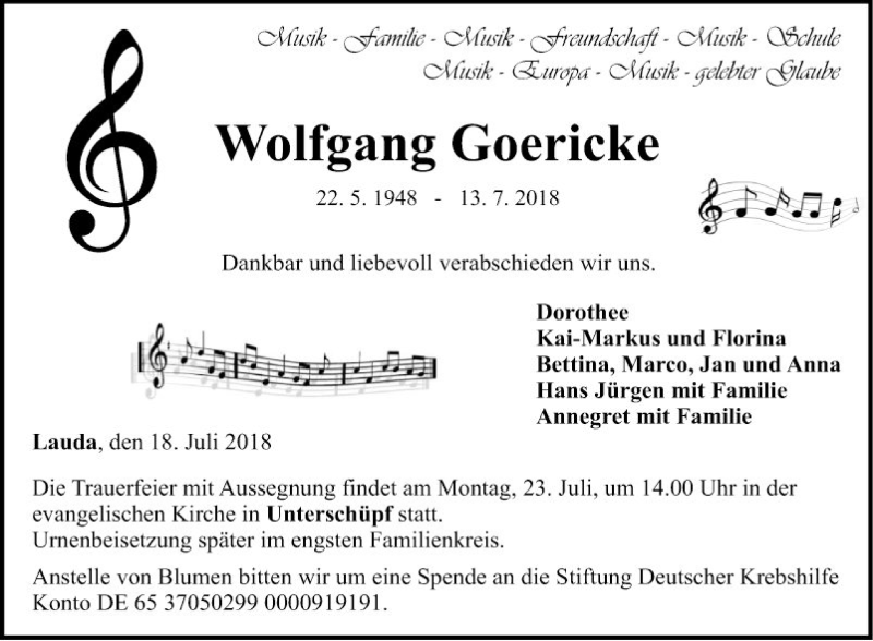  Traueranzeige für Wolfgang Goericke vom 18.07.2018 aus Fränkische Nachrichten