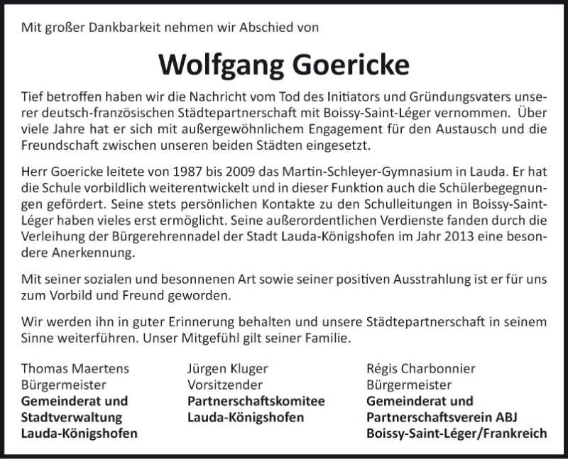  Traueranzeige für Wolfgang Goericke vom 20.07.2018 aus Fränkische Nachrichten