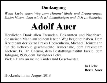 Traueranzeige von Adolf Auer von Schwetzinger Zeitung
