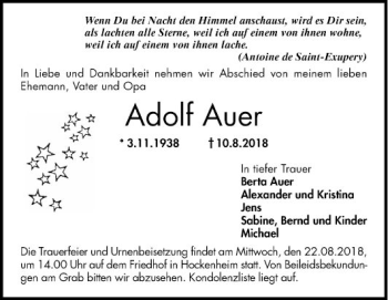Traueranzeige von Adolf Auer von Schwetzinger Zeitung