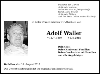 Traueranzeige von Adolf Waller von Fränkische Nachrichten