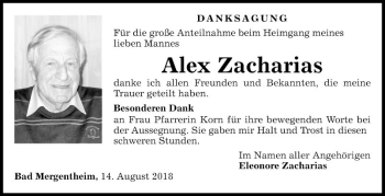 Traueranzeige von Alex Zacharias von Fränkische Nachrichten