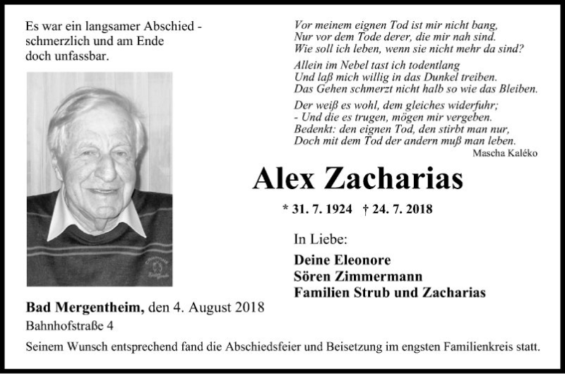 Traueranzeige für Alex Zacharias vom 04.08.2018 aus Fränkische Nachrichten