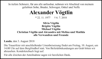 Traueranzeige von Alexander Vögtlin von Fränkische Nachrichten