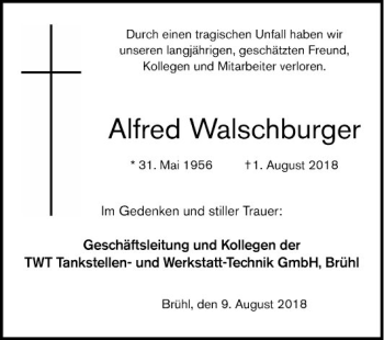 Traueranzeige von Alfred Walschburger von Schwetzinger Zeitung