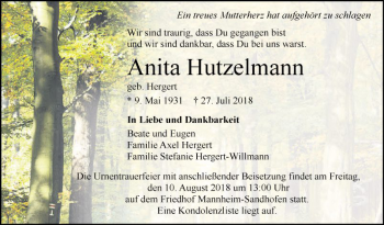 Traueranzeige von Anita Hutzelmann von Mannheimer Morgen