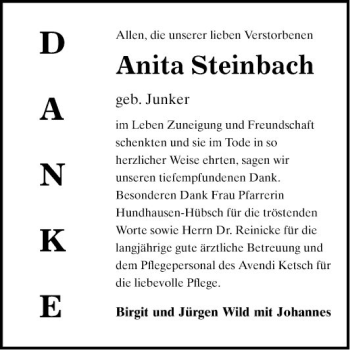Traueranzeige von Anita Steinbach von Schwetzinger Zeitung