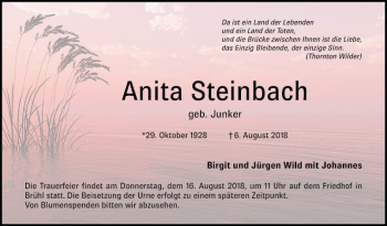 Traueranzeige von Anita Steinbach von Schwetzinger Zeitung