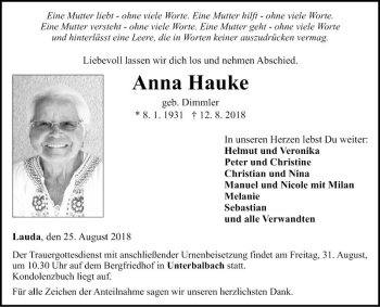 Traueranzeige von Anna Hauke von Fränkische Nachrichten