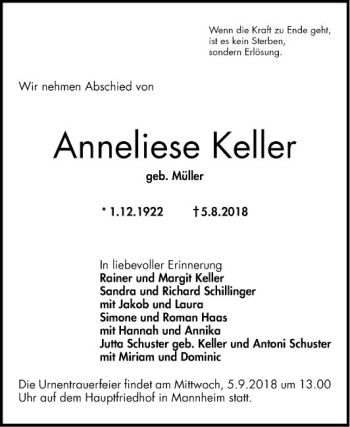 Traueranzeige von Anneliese Keller von Mannheimer Morgen