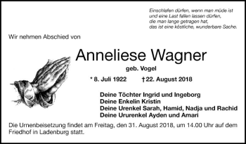 Traueranzeige von Anneliese Wagner von Mannheimer Morgen
