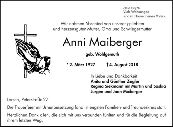 Traueranzeige von Anni Maiberger von Bergsträßer Anzeiger