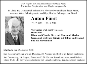 Traueranzeige von Anton Fürst von Fränkische Nachrichten