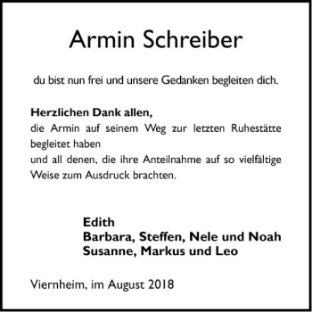 Traueranzeige von Armin Schreiber von Südhessen Morgen