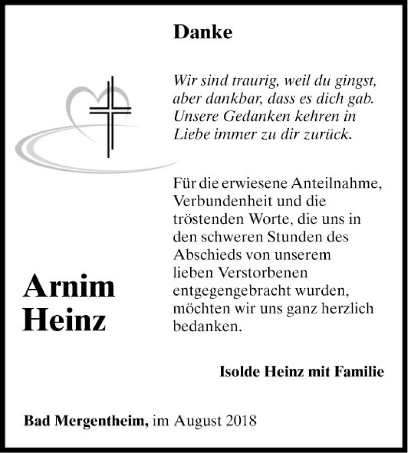  Traueranzeige für Arnim Heinz vom 13.08.2018 aus Fränkische Nachrichten
