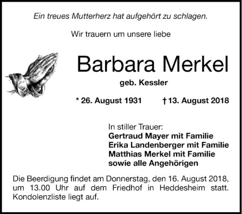  Traueranzeige für Barbara Merkel vom 14.08.2018 aus Mannheimer Morgen