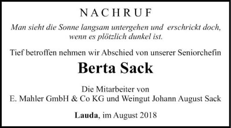  Traueranzeige für Berta Sack vom 22.08.2018 aus Fränkische Nachrichten