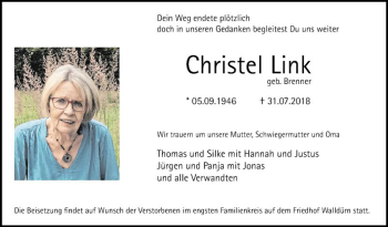 Traueranzeige von Christel Link von Fränkische Nachrichten