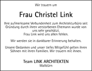 Traueranzeige von Christel Link von Fränkische Nachrichten