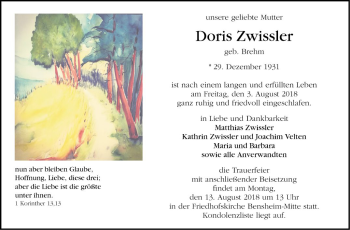 Traueranzeige von Doris Zwissler von Bergsträßer Anzeiger