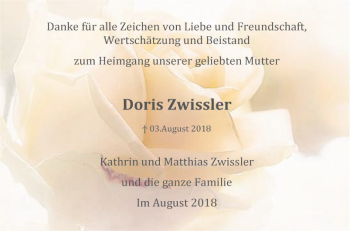 Traueranzeige von Doris Zwissler von Bergsträßer Anzeiger