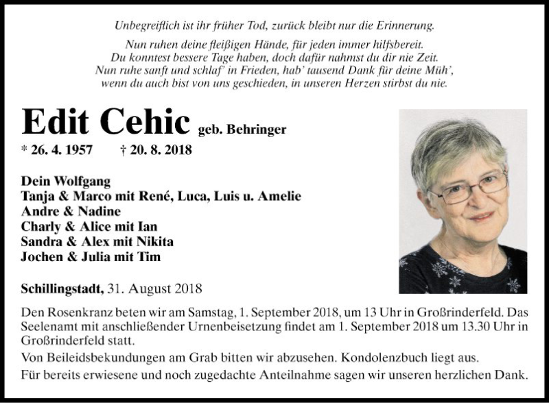  Traueranzeige für Edit Cehic vom 31.08.2018 aus Fränkische Nachrichten