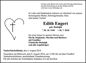 Traueranzeige von Edith Engert von Fränkische Nachrichten