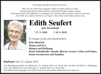 Traueranzeige von Edith Seufert von Fränkische Nachrichten