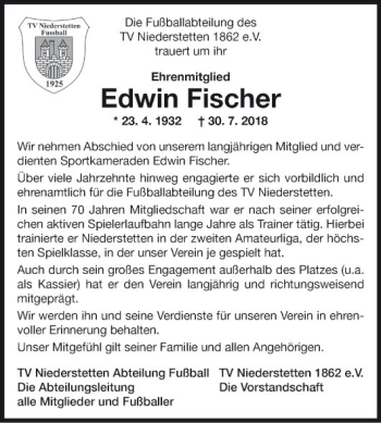 Traueranzeige von Edwin Fischer von Fränkische Nachrichten