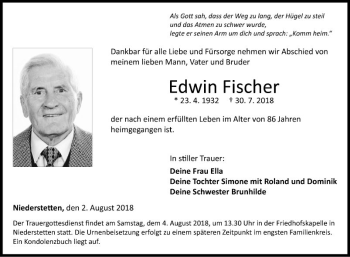 Traueranzeige von Edwin Fischer von Fränkische Nachrichten