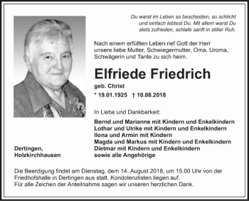Traueranzeige von Elfriede Friedrich von Fränkische Nachrichten