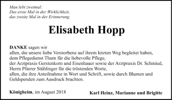 Traueranzeige von Elisabeth Hopp von Fränkische Nachrichten