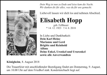 Traueranzeige von Elisabeth Hopp von Fränkische Nachrichten